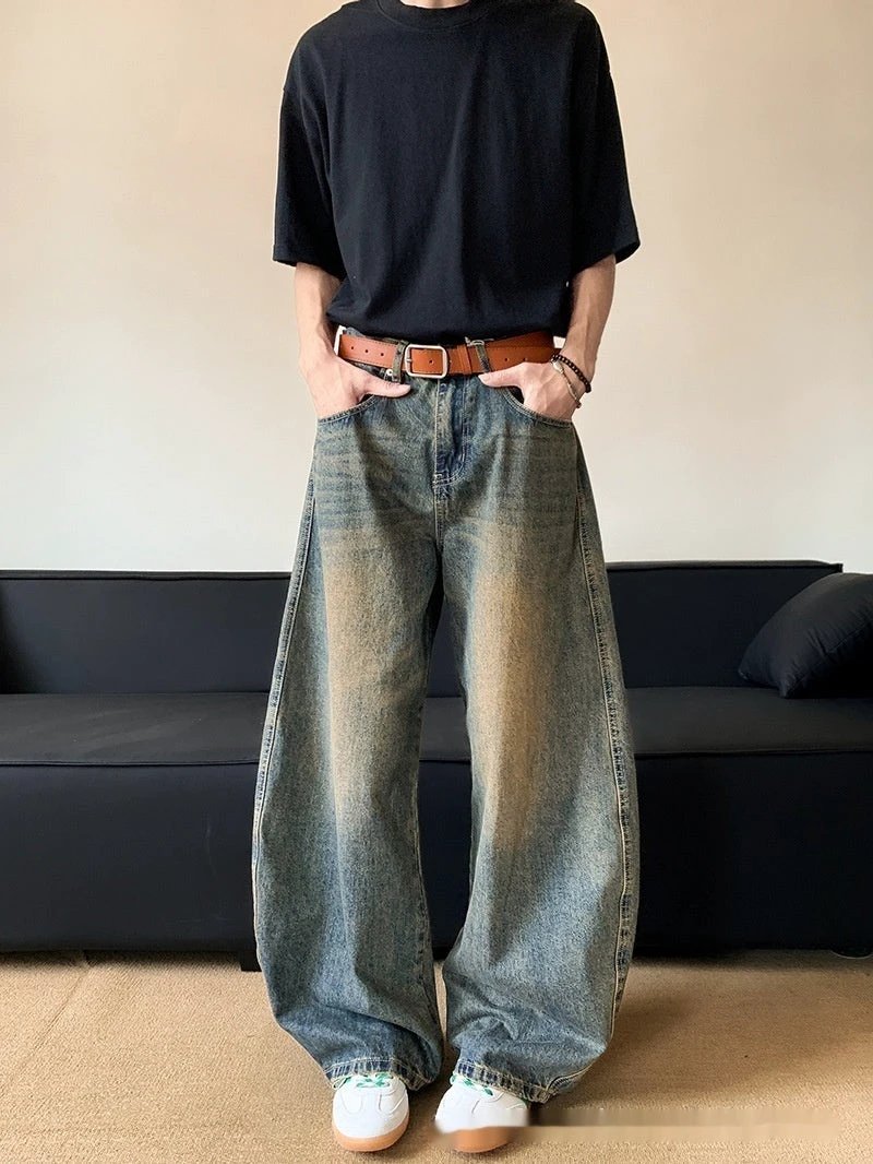 Men's Retro Distressed Machete Denim Slimming Wide-leg Jeans by GJG Denim