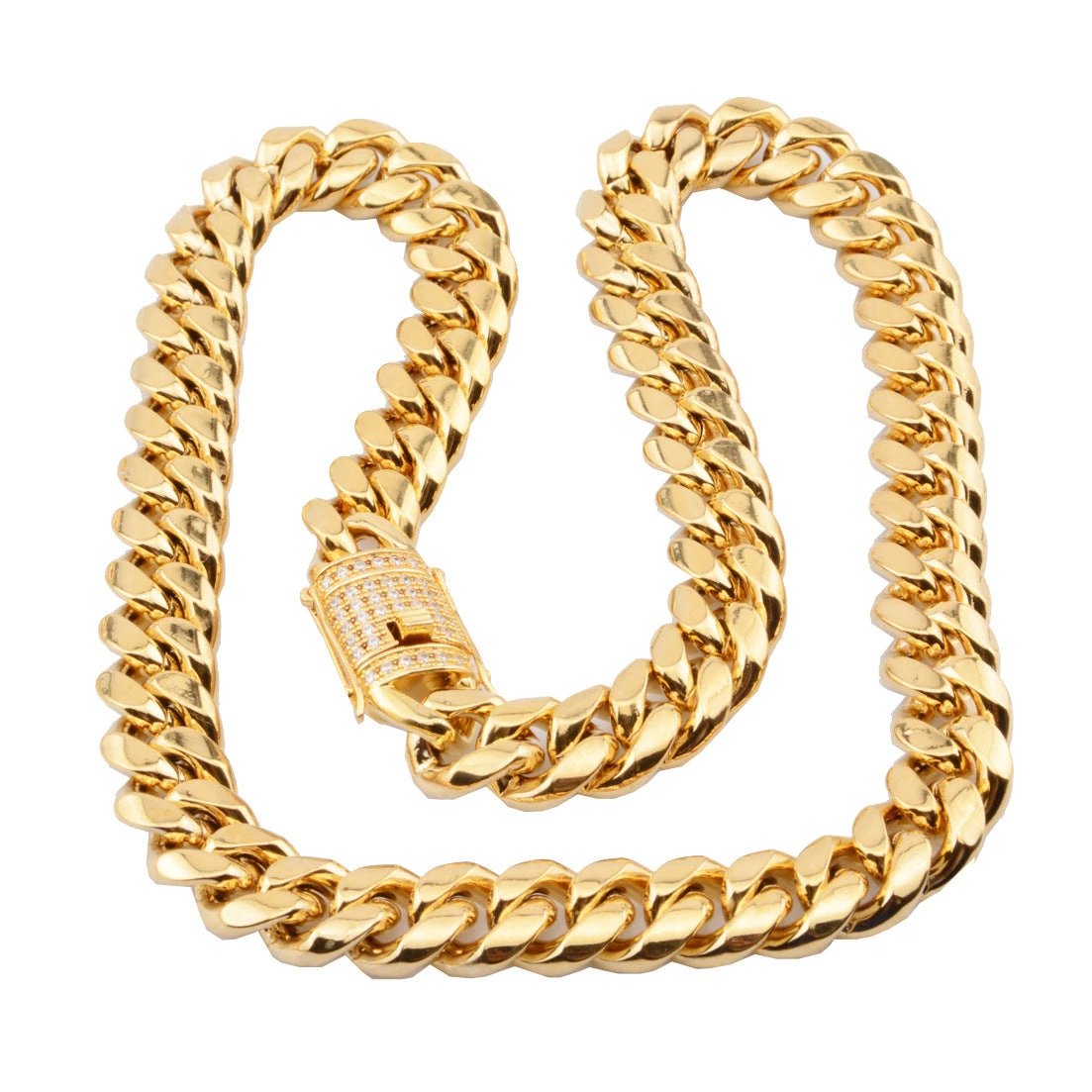 8-18mm Wide Stainless Steel Cuban Chain CZ Zircon Box Lock Necklace by GJG Denim