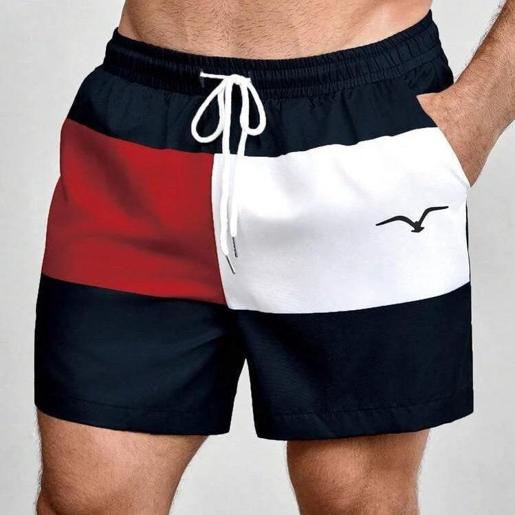 Printed Drawstring Waist Diagonal Pocket Casual Shorts For Men by GJG Denim