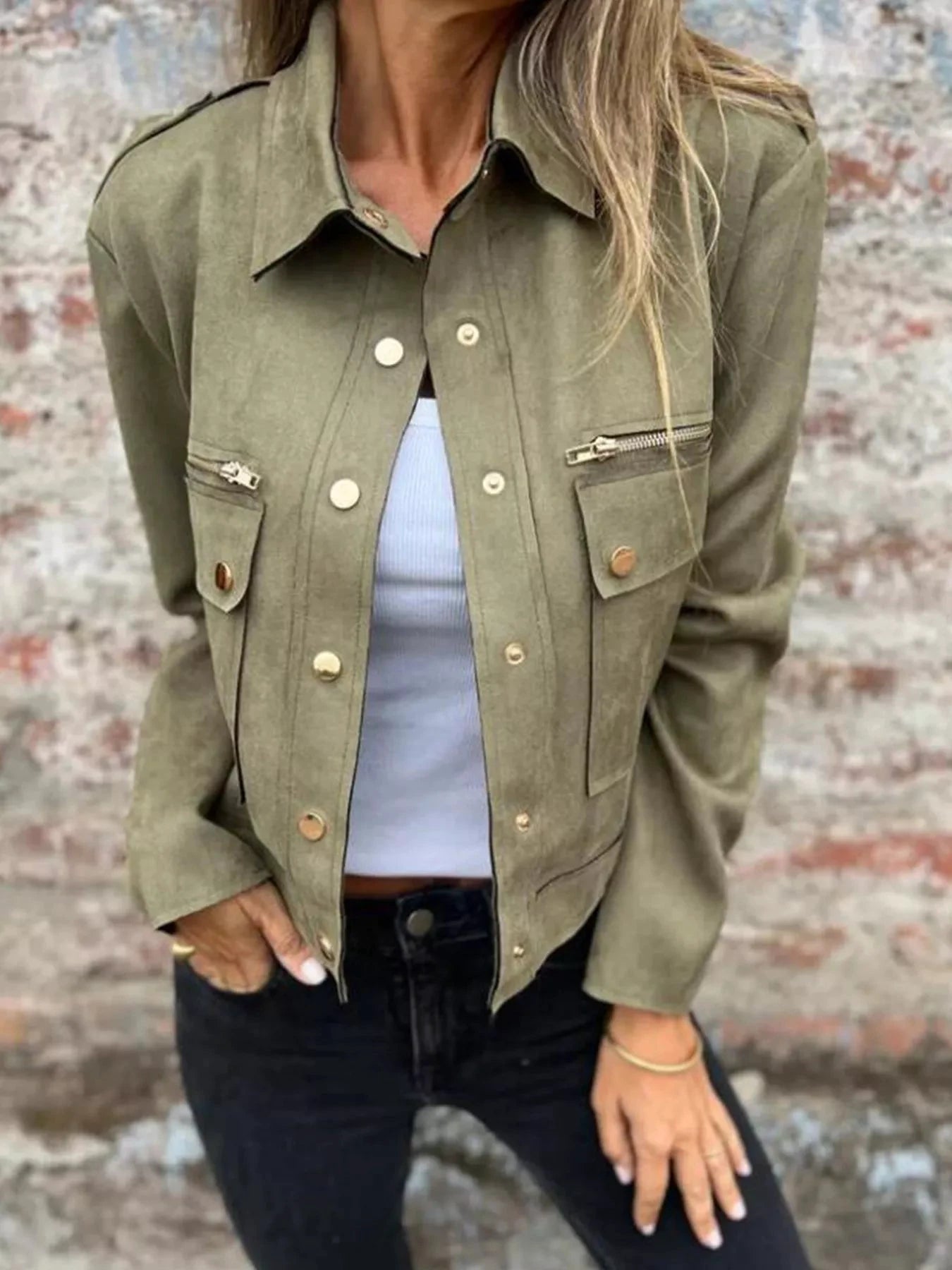 Full Size Snap Down Long Sleeve Jacket Plus Size by Lady Ros