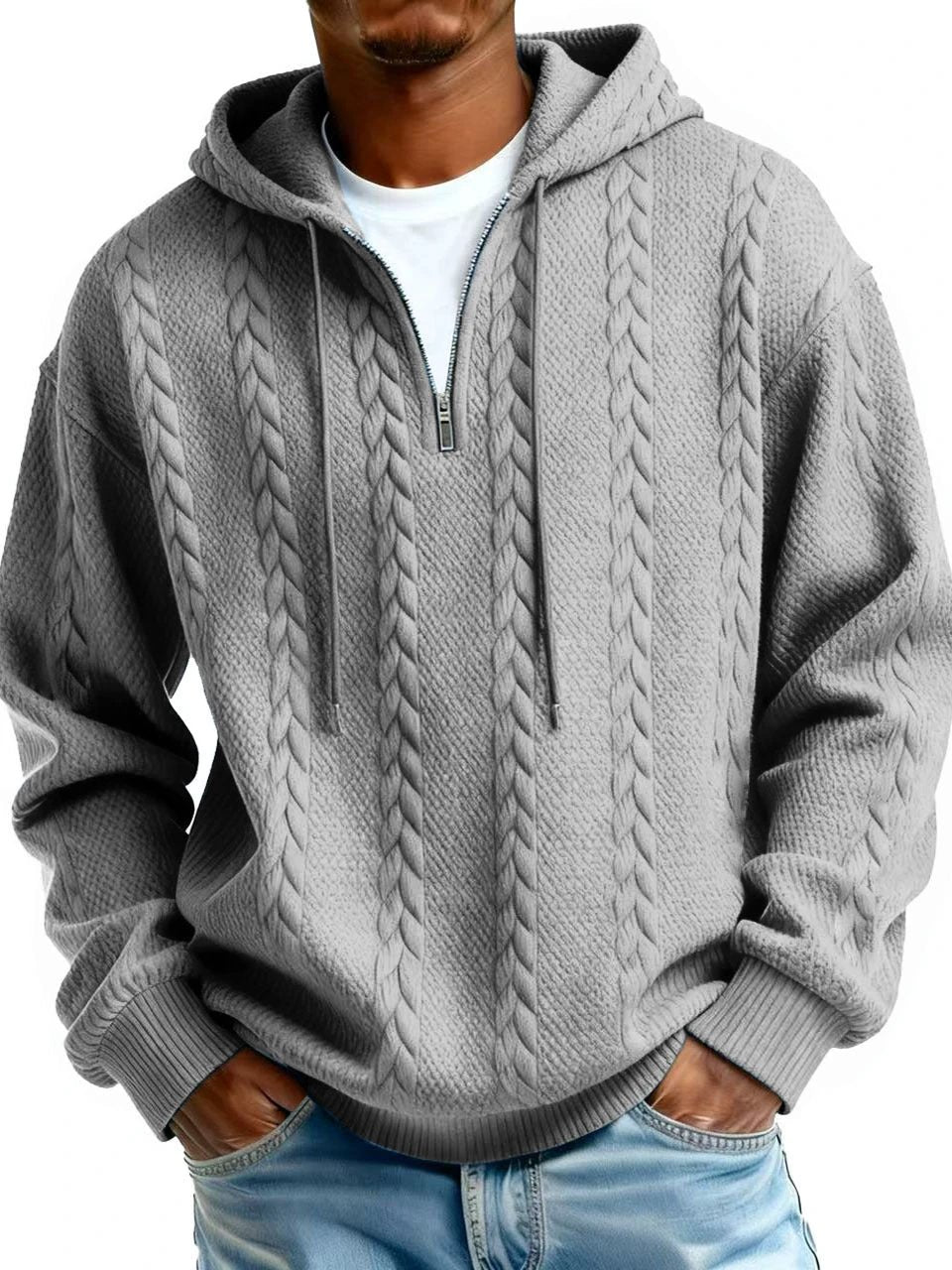Men's Half-zip Hooded Sweatshirt With Long Sleeves by GJG Denim
