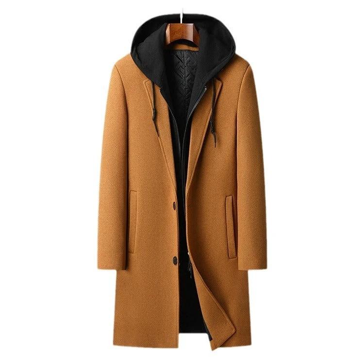 Men's Detachable Hooded Mid-length Woolen Trench Coat by GJG Denim