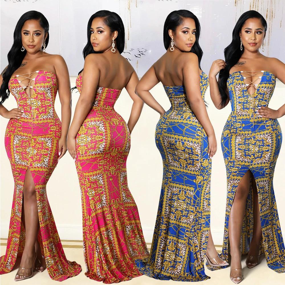 Women's Digital Print Wrap Breast Long Dress Floor Dress by GJG Denim