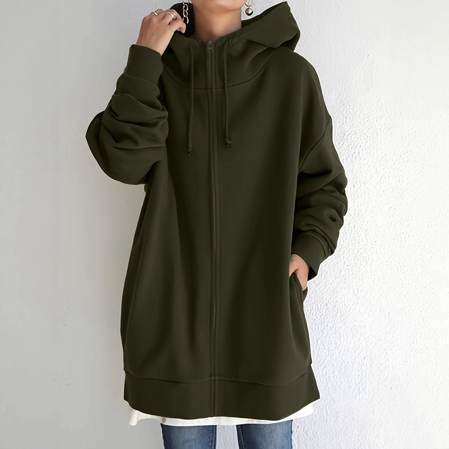 New Personality Street Sweater Zipper Hooded Long by GJG Denim