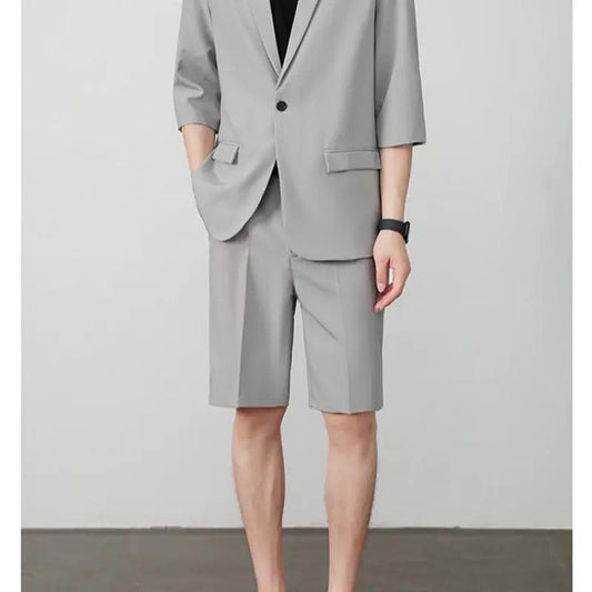 Thin Short-Sleeve Suit Mens Casual Cropped-Sleeve Jacket Half-Sleeve Suit Set by GJG Denim