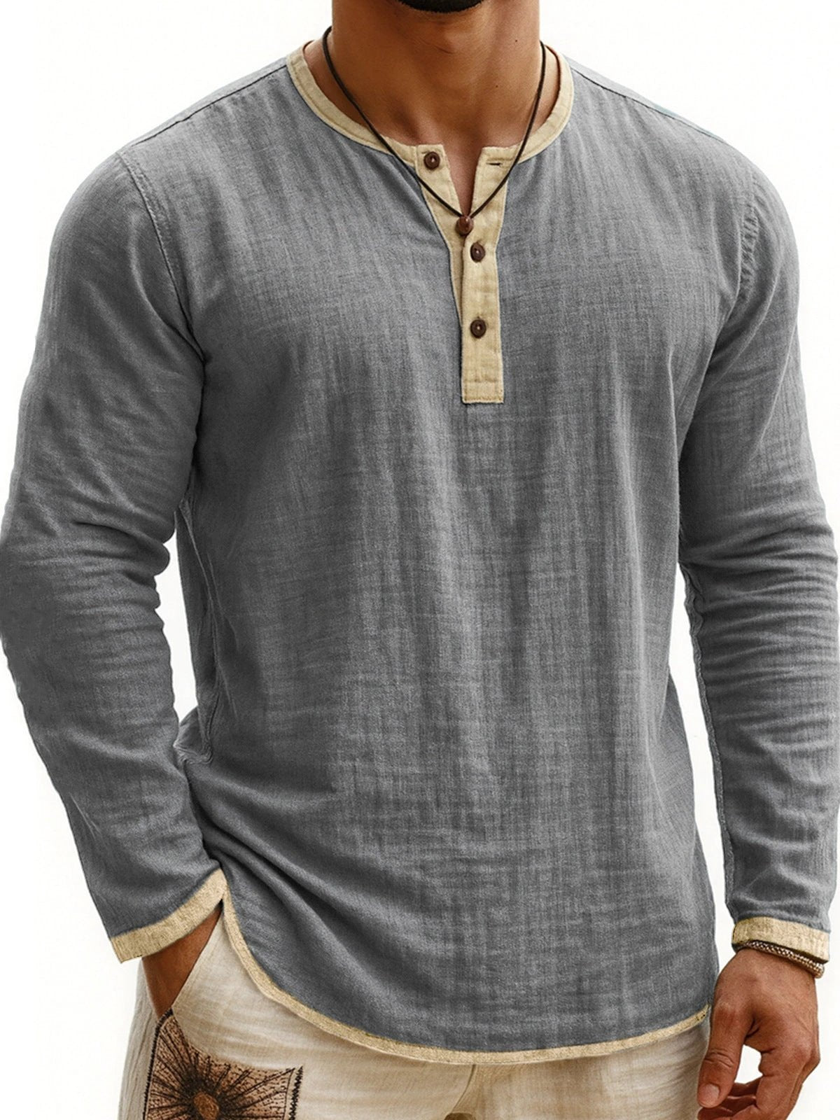 Men's Two-tone Henley Shirt 3-button Casual Long Sleeve Shirt by GJG Denim
