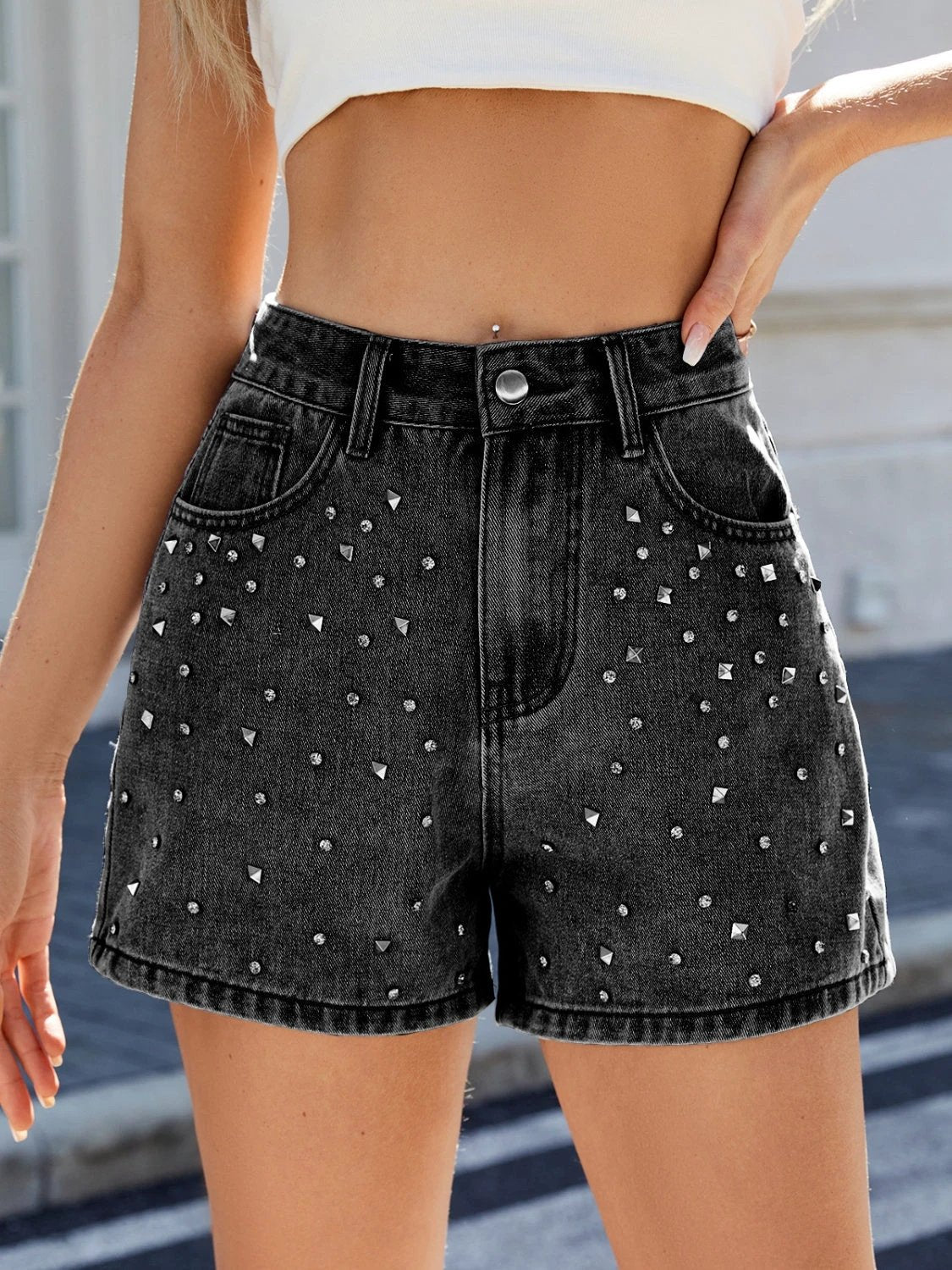 Rhinestone Washed High Waist Denim Shorts by Lady Ros