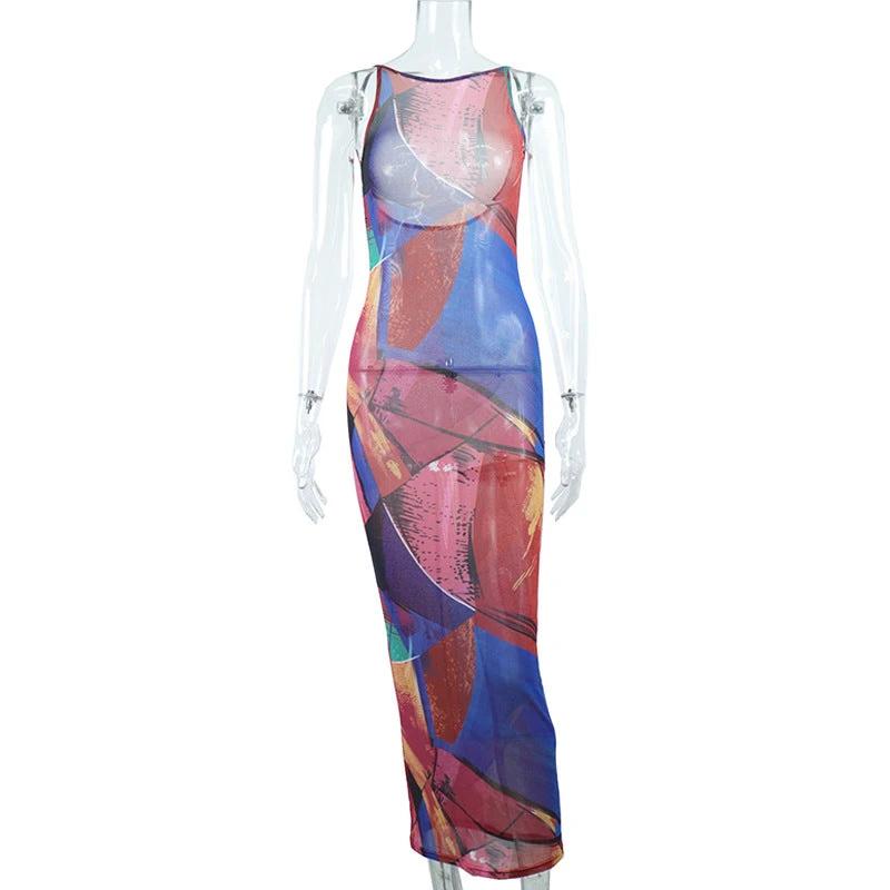 Women's Fashion Printed Sleeveless Hip Wrap Dress by GJG Denim