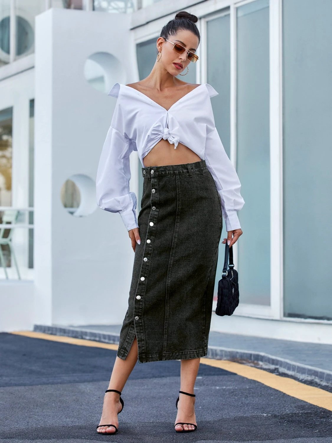 Button Down Denim Skirt by Lady Ros