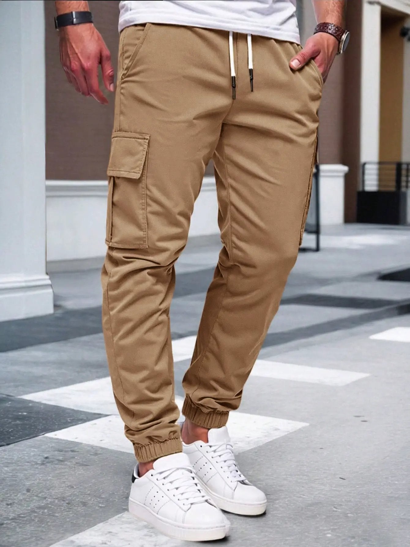 Mens Solid-color Pants With Drawstring Elastic Cuffs by GJG Denim