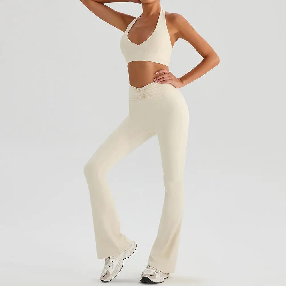 Yoga Sports Halter Bra And Tennis Skirt Two-Piece Set Outdoor Running Fitness Outfit Long And Short Pants Set by GJG Denim