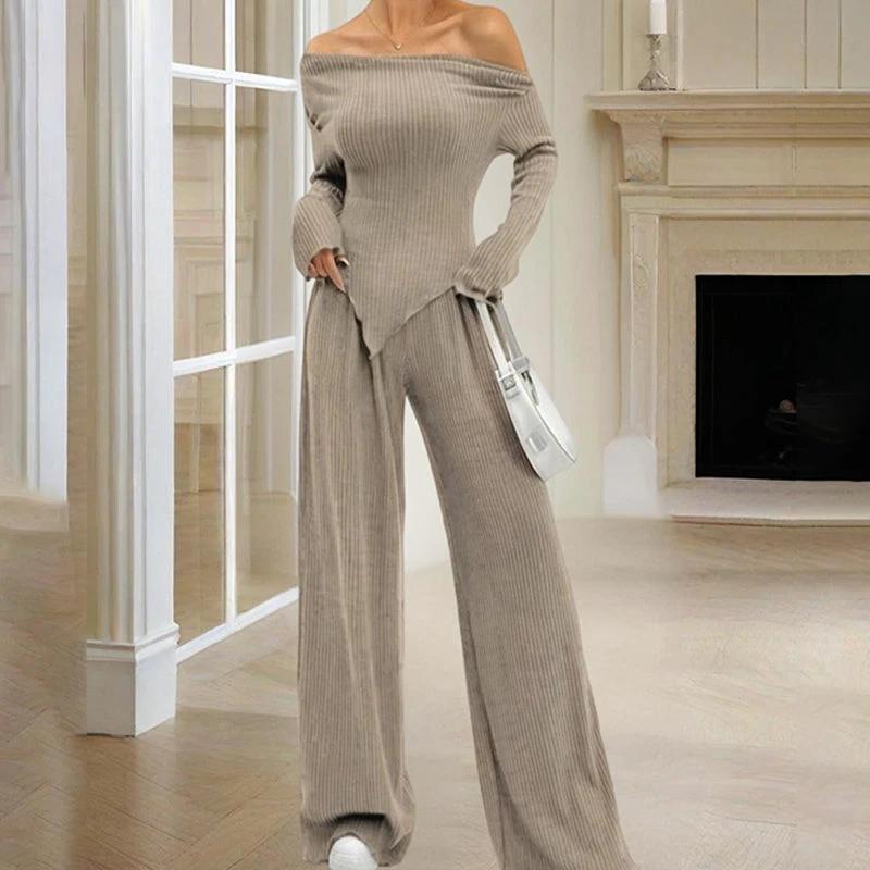 Women's Solid Color Off-Shoulder Long Sleeve Top & Pants Set - Elegant Asymmetrical Hem & Ruffes Cuff Casual Outfit by GJG Denim