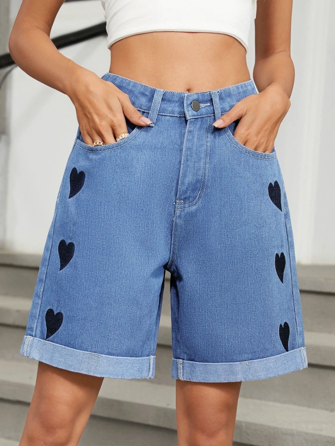 Heart-Pattern Rolled Hem Denim Shorts by Lady Ros