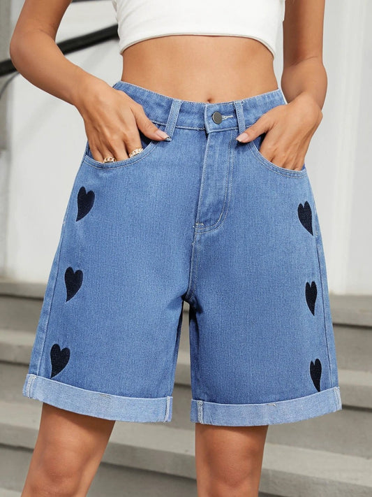 Heart-Pattern Rolled Hem Denim Shorts by Lady Ros