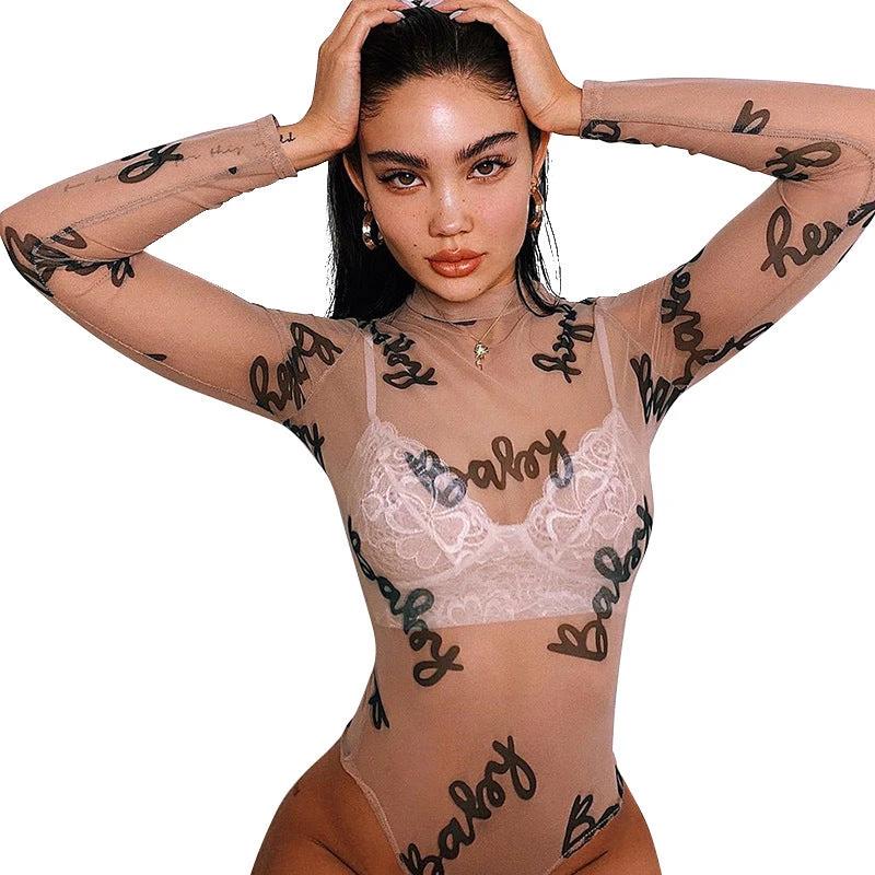 Women's Personalized Mesh Long-sleeved Bodysuit by GJG Denim