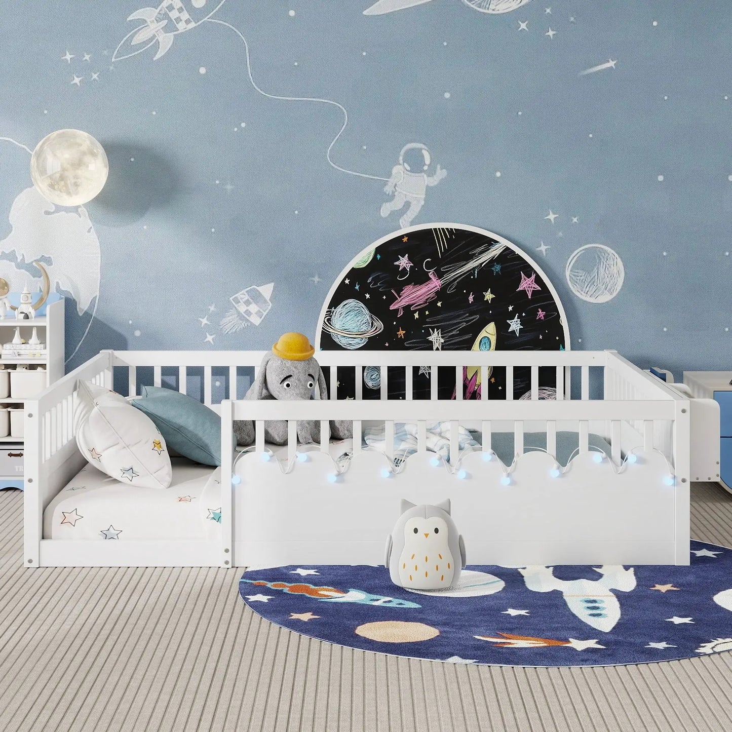 Full Montessori Floor Bed Frame With High Rails, Wood Kids Floor Beds With Light And Storage Shelf, White by GJG Denim