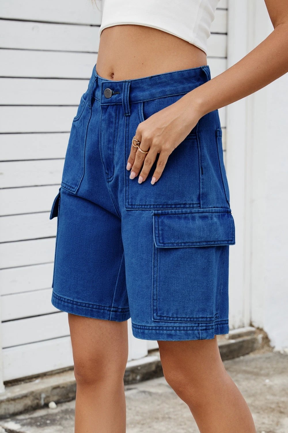 High Rise Denim Shorts with Cargo Pockets by Lady Ros