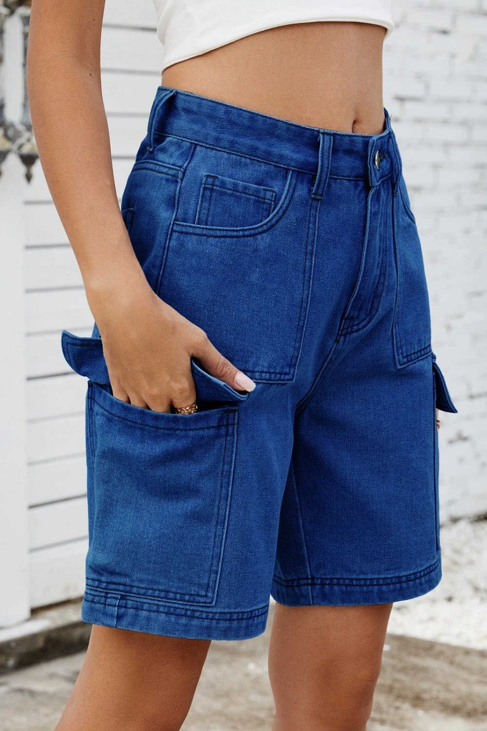 High Rise Denim Shorts with Cargo Pockets by Lady Ros