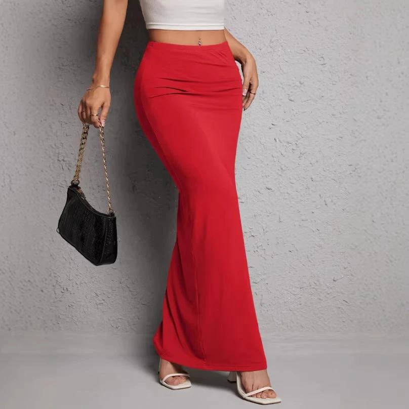 Solid-color High-waisted Elegant Pleated Slit Midi Skirt by GJG Denim