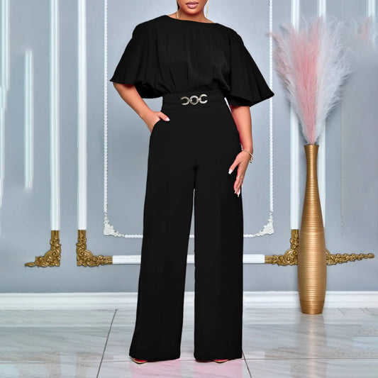 Fashion Round Neck Solid Color High Waist Plus Size African Wide Leg Jumpsuit by GJG Denim
