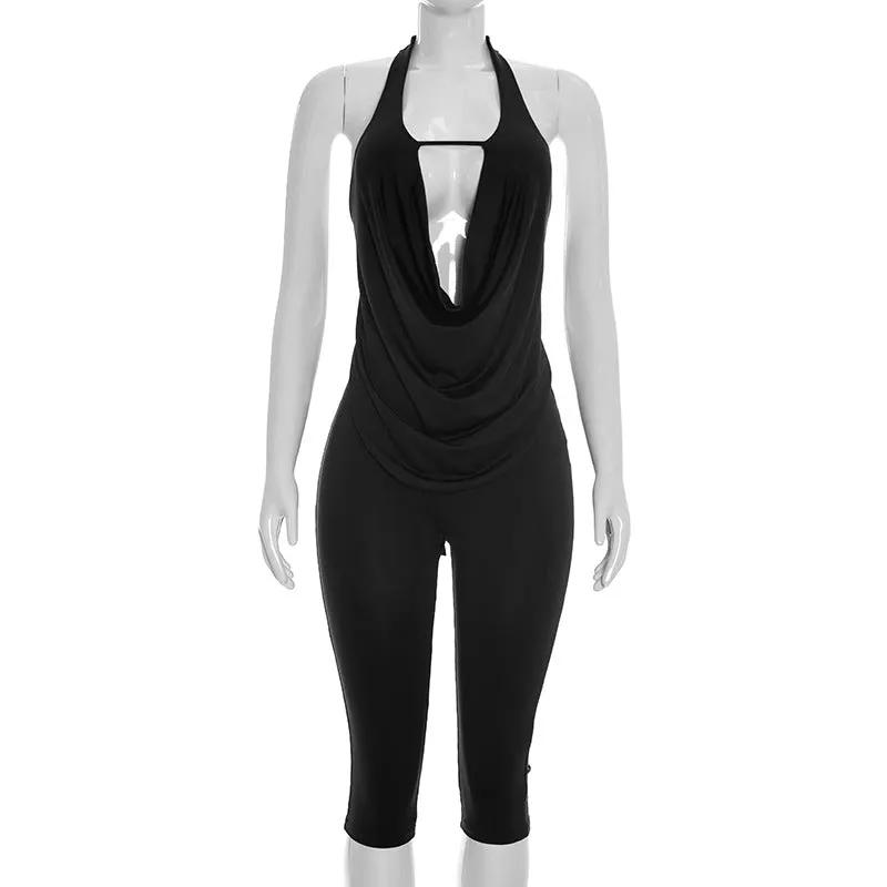 Womens Solid-color Spicy-chic Slimming Draped-neck Halter Set by GJG Denim