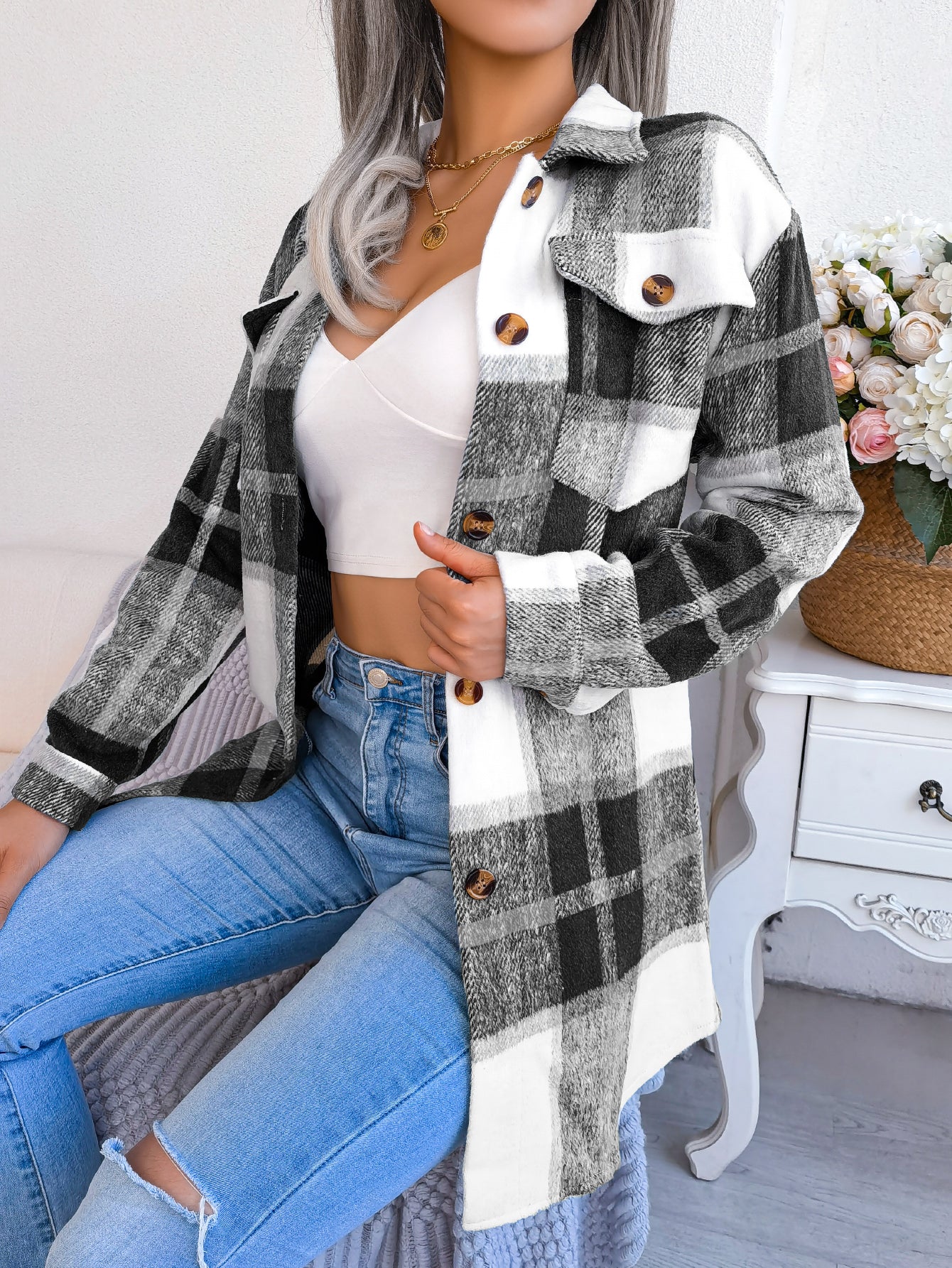 Women's Color-Blocked Plaid Long Sleeve Tie-Waist Thick Tweed Coat by GJG Denim