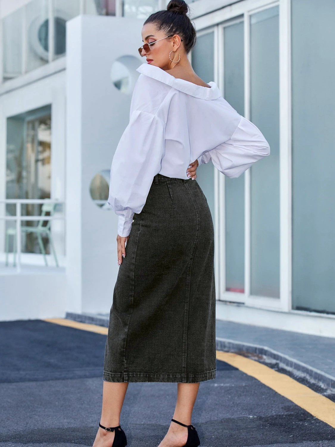 Button Down Denim Skirt by Lady Ros