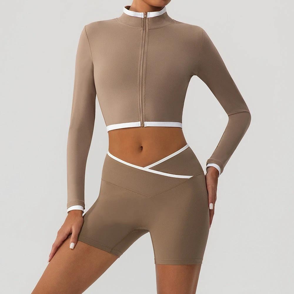 Shapewear Fitness Hip-Lifting Yoga Color-Block Jacket And Shorts Set by GJG Denim