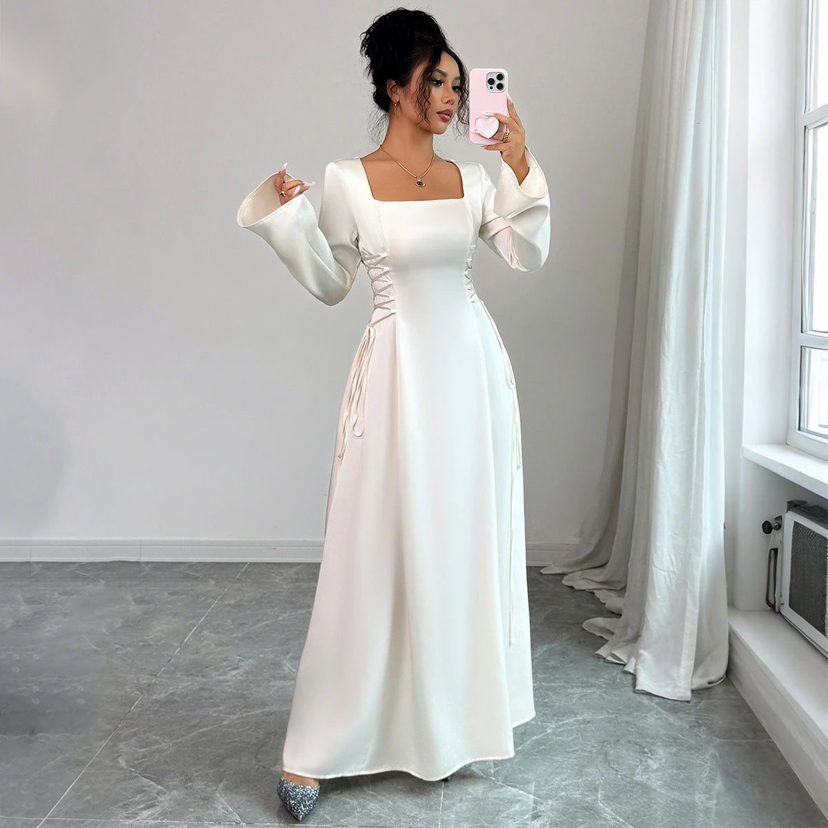 Elegant Solid Color Long Sleeve Dress Women's Clothing by GJG Denim