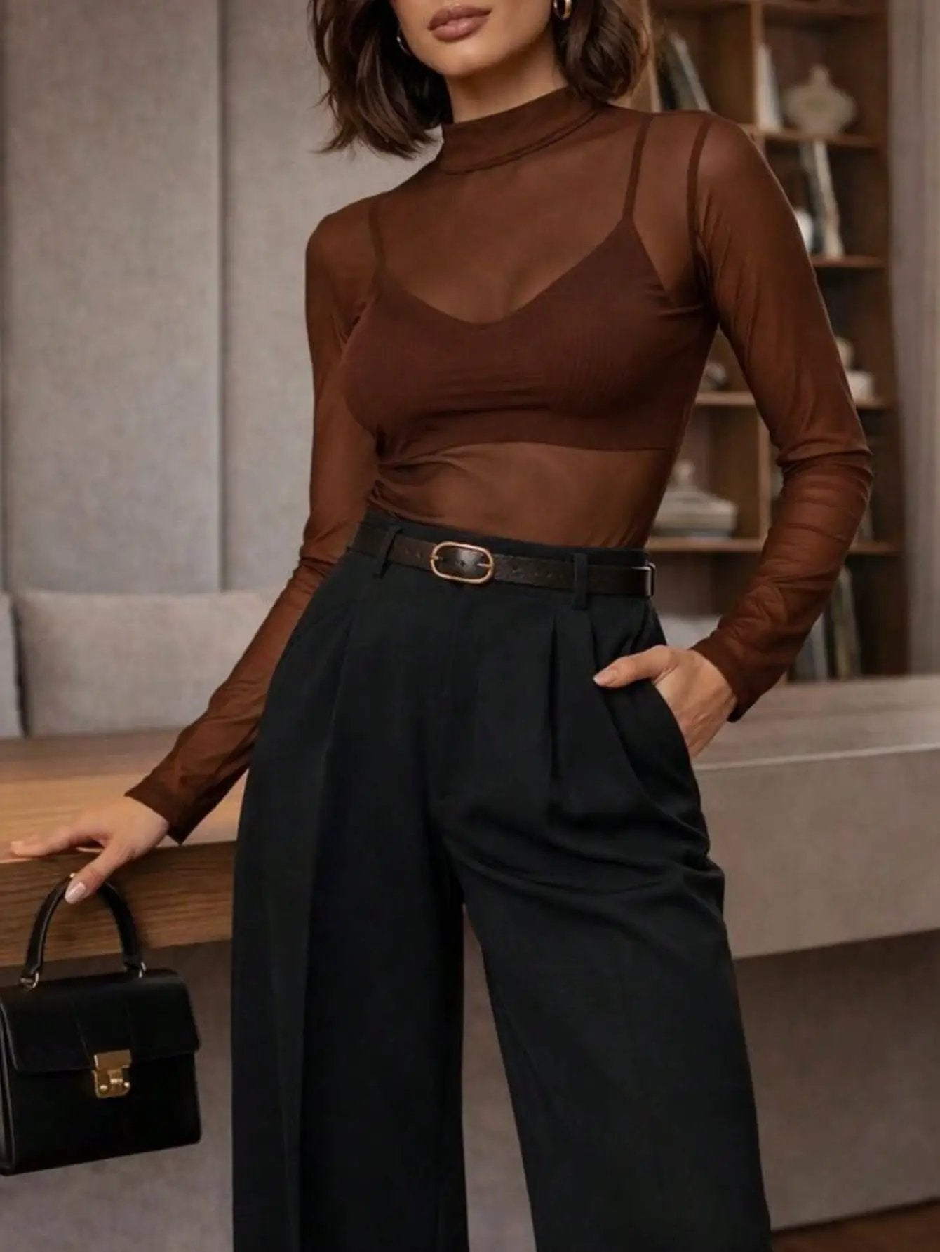 Womens Solid-color Mock-neck Sheer Mesh Bottoming Top by GJG Denim
