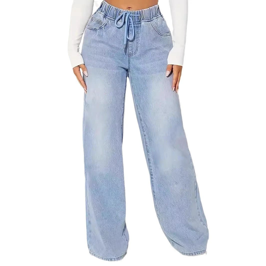 High Waist Drawstring Loose Wide Leg Light Blue Jeans by GJG Denim