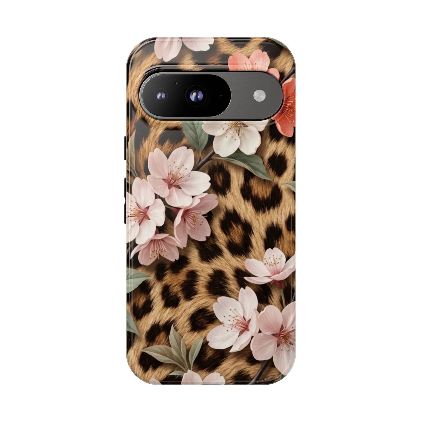 Leopard Floral Tough Case — Protective Phone Case with Pink Cherry Blossoms by Printify
