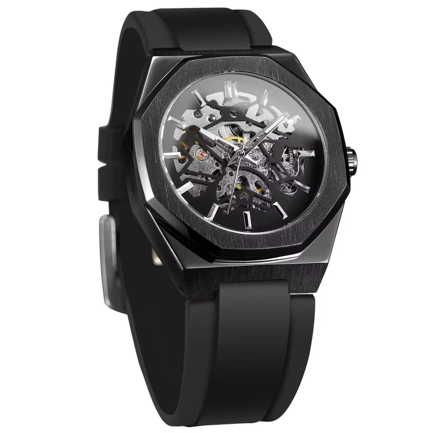 Casual Silver Hollow Skeleton Rubber-band Automatic Mechanical Watch For Men by GJG Denim