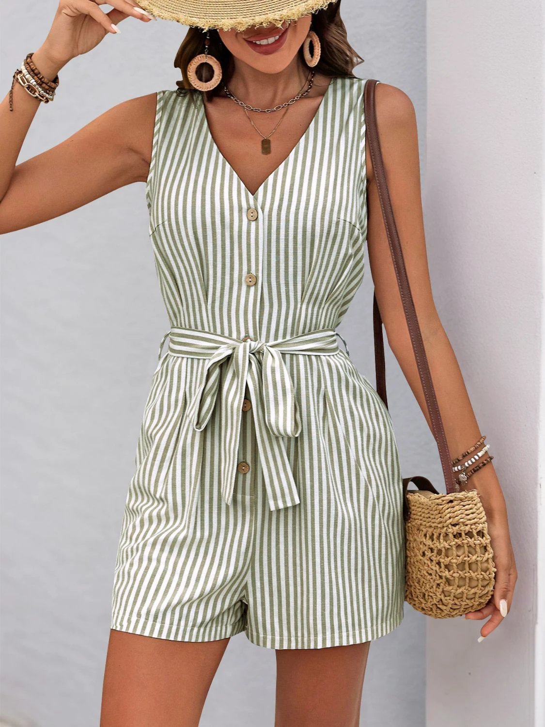 Perfee Striped V-Neck Tie Waist Romper by Lady Ros