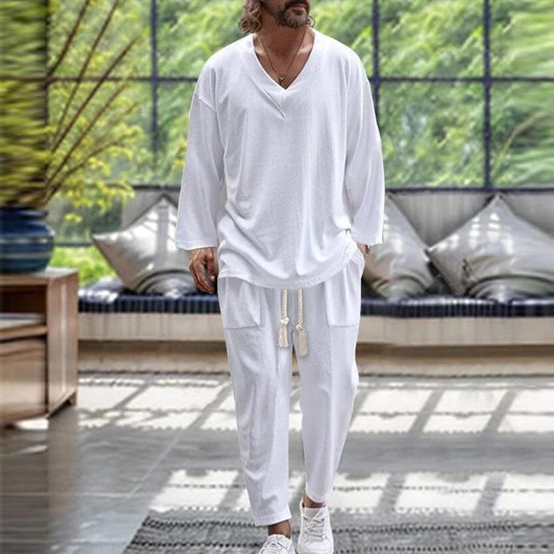 Men's Solid Color V-Neck Pullover Short-Sleeve Drawstring Pocket Design Pants Set by GJG Denim