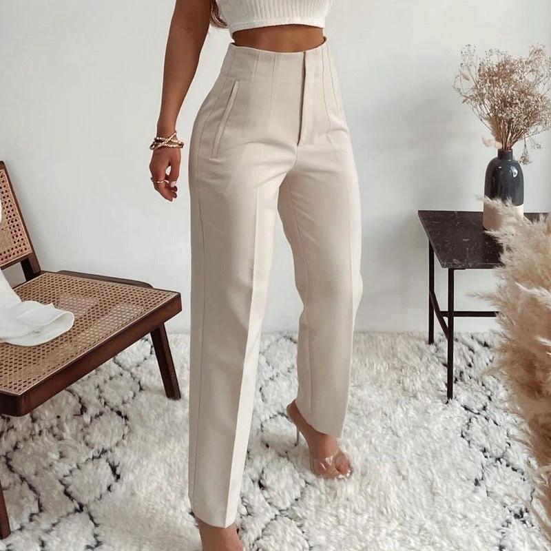 Pleated Casual High Waist Pure Color Slim-fit Basic Pants by GJG Denim