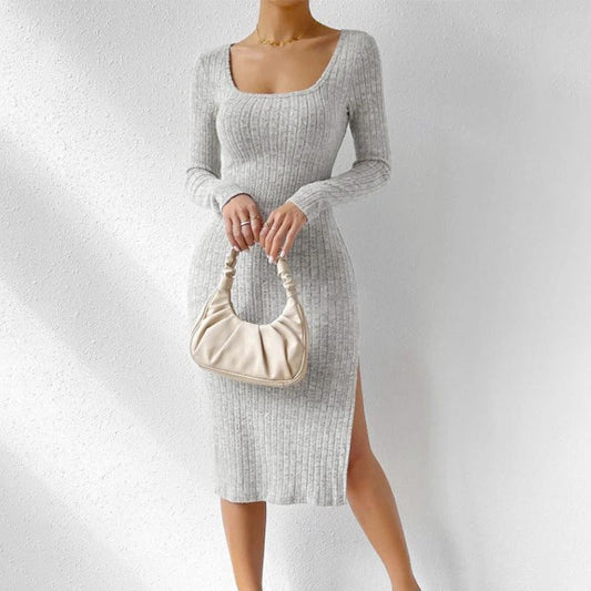 Square Collar Long Sleeve Hem Slit Slimming Dress by GJG Denim