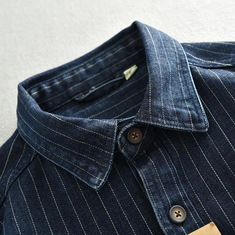 Striped Denim Shirt Men's Business Shirt Coat by GJG Denim