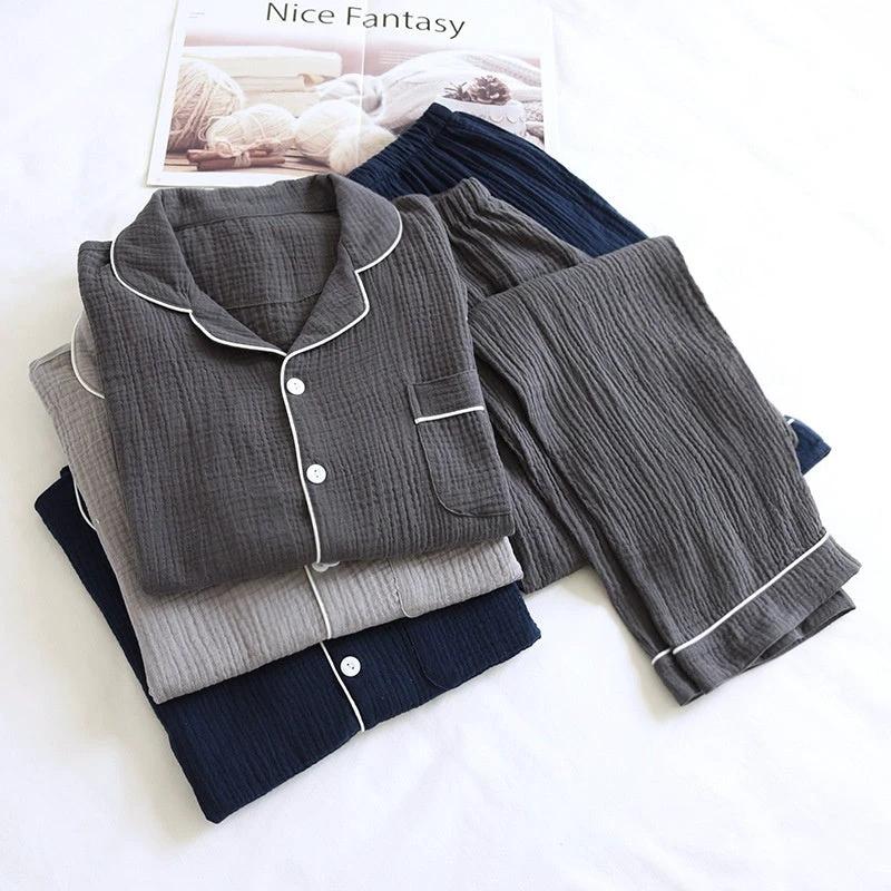 Men's Loose Double-layer Gauze Cotton Long Sleeve Pajamas by GJG Denim