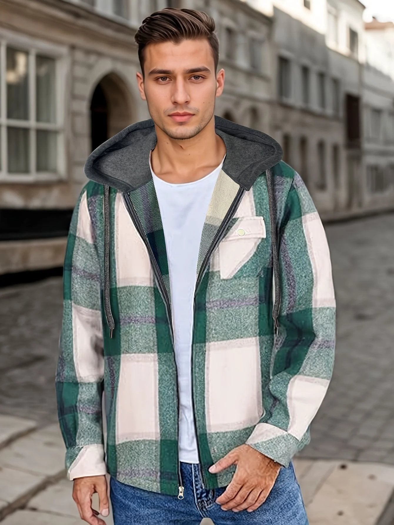 Men's Flannel Jacket Zipper Hooded Jacket by GJG Denim