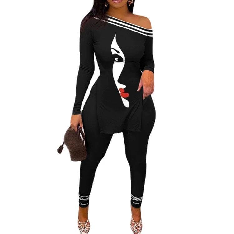 Autumn And Winter New Letter Floral Print Slit Hem Long Sleeve Top Suit Women by GJG Denim