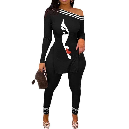 Autumn And Winter New Letter Floral Print Slit Hem Long Sleeve Top Suit Women by GJG Denim