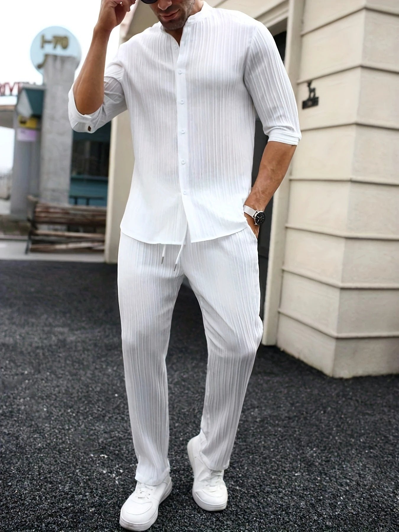 Men's Solid-Color Shirt And Pants Set by GJG Denim
