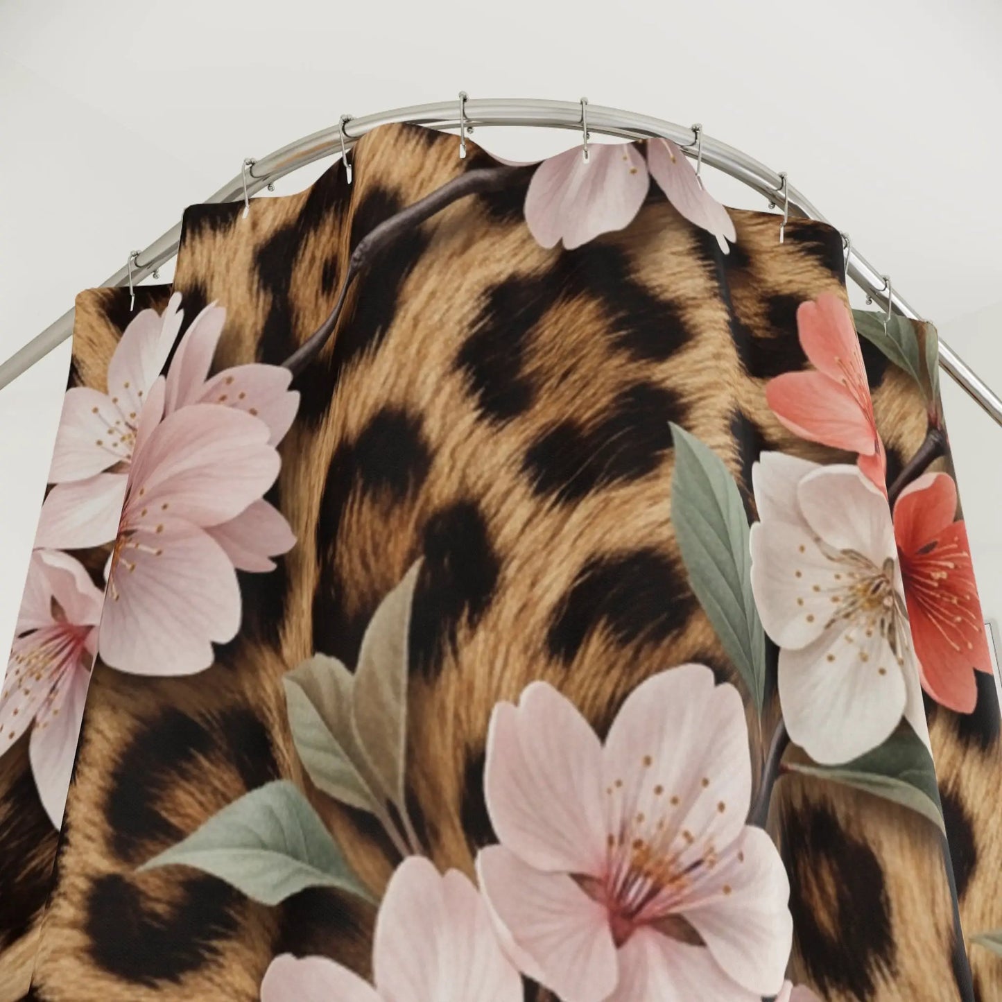 Floral Leopard Shower Curtain — Chic Animal Print Floral Bathroom Decor by Printify