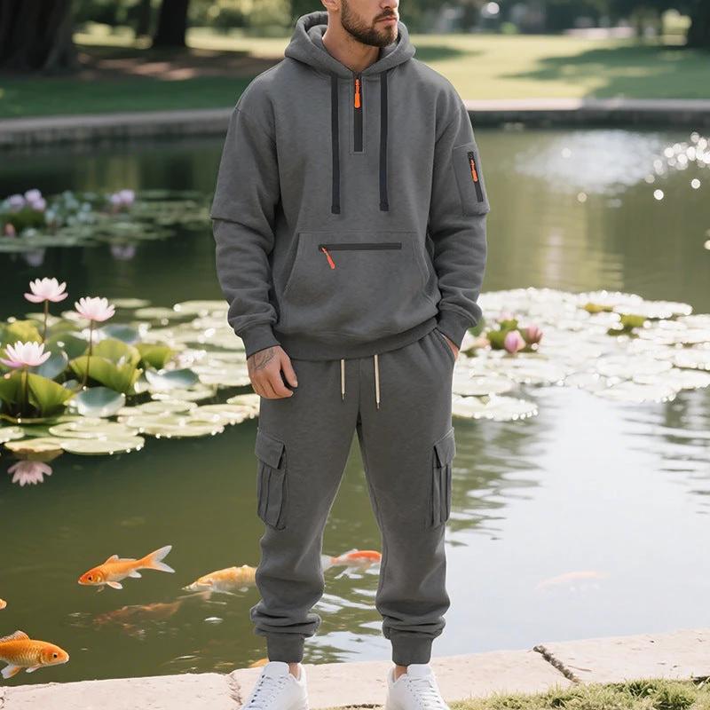 Men's Loose Sports And Leisure Suit Sweater Fleece-lined Hoodie Set Zipper Multi-Pocket Pullover Men's Sports Casual Top Two-piece Set by GJG Denim