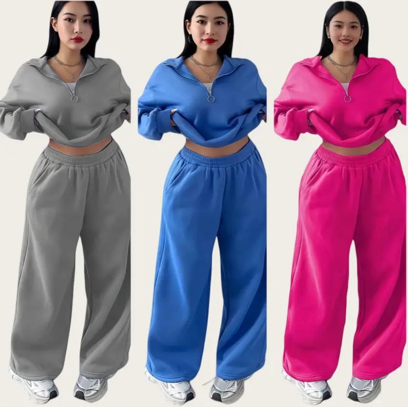 Casual Womens Fashion Half-Zip Pullover Hoodie And Pants Two-Piece Set by GJG Denim
