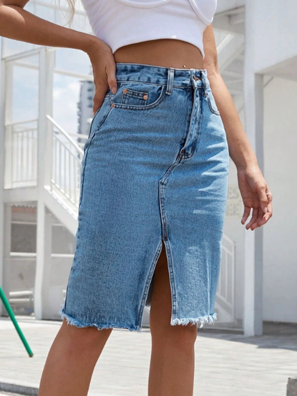 Raw Hem Slit Denim Skirt by Lady Ros