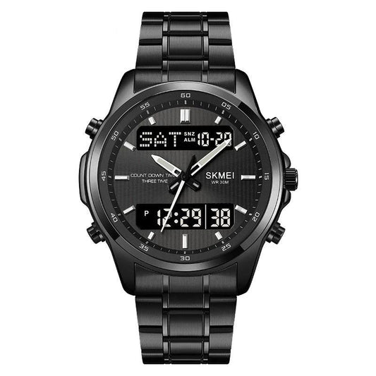 Multifunctional Men's Steel Strap Watch Double Display by GJG Denim