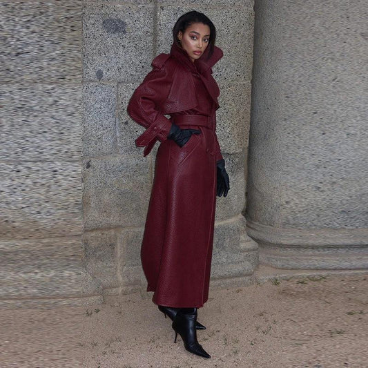 Autumn And Winter Women's Clothing New Leather Coat Elegant Long Leather Coat by GJG Denim