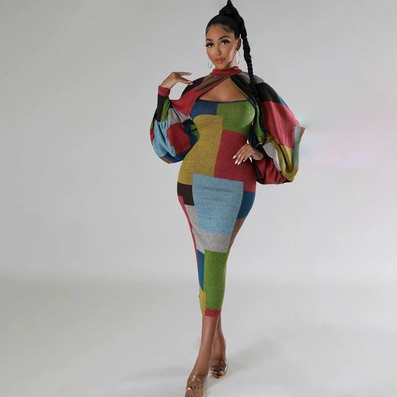 New Fashion Stitching Printing Color Contrast Long Sleeve Plus Size Dress by GJG Denim